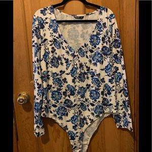 White and blue floral bodysuit